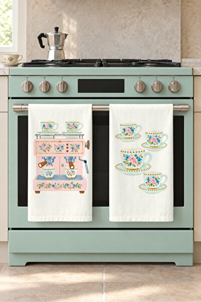 milbaygrup Pastel Tea Time Cup and Shelf Patterned Mint Modern 2-Piece Kitche...