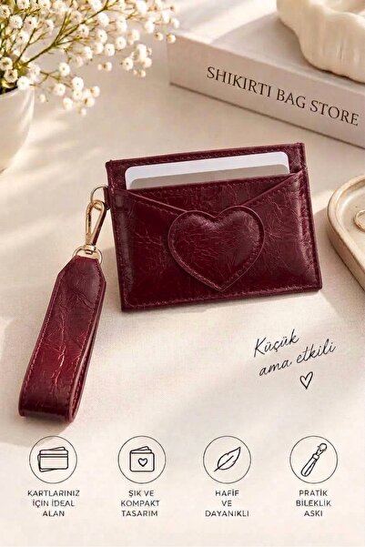 SHIKIRTI BAG STORE Bordo Renk Çift Taraflı Kalp Detaylı Mini Boy Kadın Kartlık