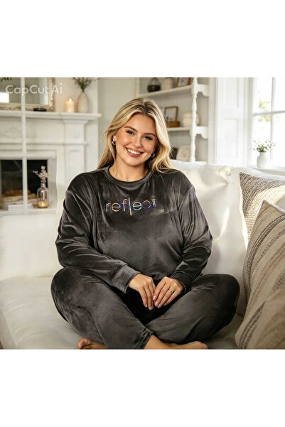 NiCe İç Giyim Plus Size Velvet Anthracite Color Women's Pajama Set Soft Comfo...