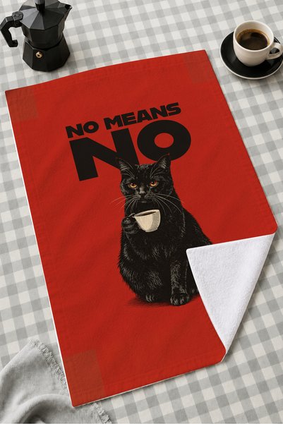 milbaygrup No Means No Siyah Kedi Yazılı Kırmızı Modern 2'li Mutfak Havlusu Seti 35x55