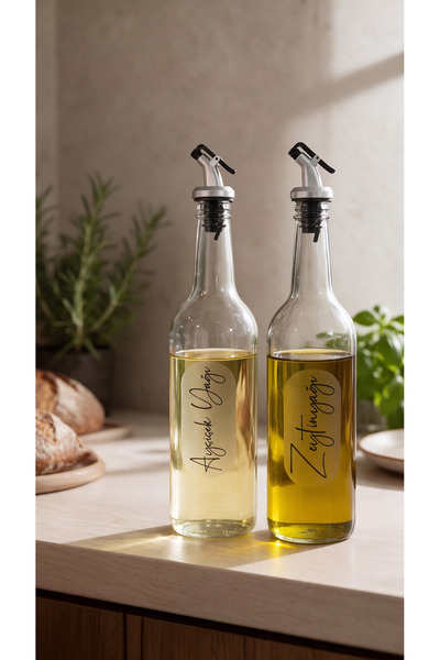 zezedesing 2’li Cam Yağdanlık Seti 750 ml Zeytinyağı ve Ayçiçek Yağı Şişesi A...