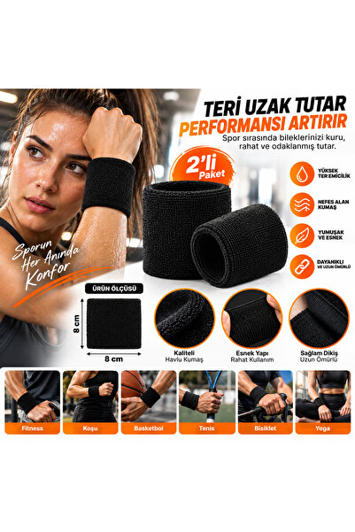 XAMANTHA 2’li Spor Ter Bilekliği 8x8 cm – Ter Emici Havlu Bileklik – Fitness,...