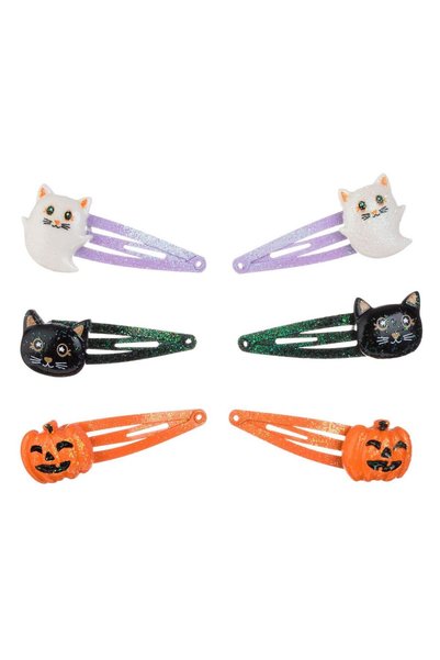 OEM Set of Metal Hair Clips Lilac Orange Green Cat Pumpkin with Glitter - 6pcs