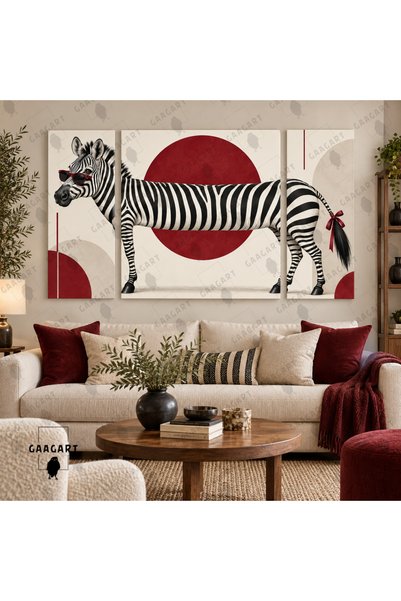 GAAGART 3’lü Kanvas Tablo Seti Orta Kare Yanlar Dikey Zebra Figürlü Kırmızı S...