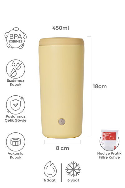 Espressolab Sarı Mat Dokulu Paslanmaz Çelik Termos 450 ml Kapaklı No:141