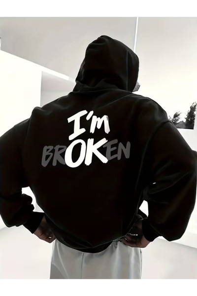 one button سويت شيرت بقلنسوة مطبوع عليه I'm brOKen للجنسين، مصنوع من خيطين، م...