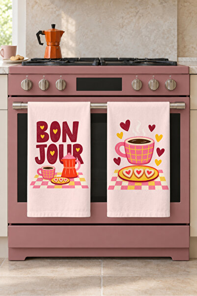 milbaygrup Bonjour Coffee Hearted Coffee Cup Pink Retro 2-Piece Kitchen Towel...