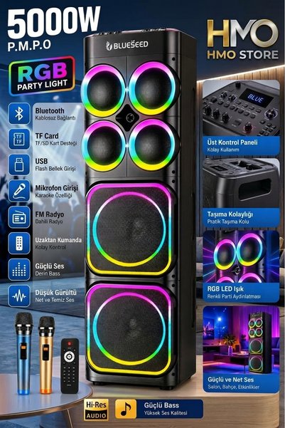 HMO Store Blueseed Premium Kule Hoparlör: 5000W Canavar Güç, Göz Alıcı RGB Iş...