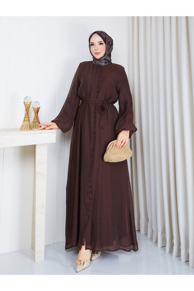 RACE FASHİON Buttoned Belted Lined Hijab Dress Rc6061
