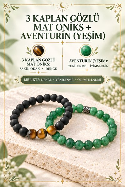 Muammer Köksal Design Aventurin & 3 Kaplan Gözlü Mat Oniks İkili Bileklik Set...