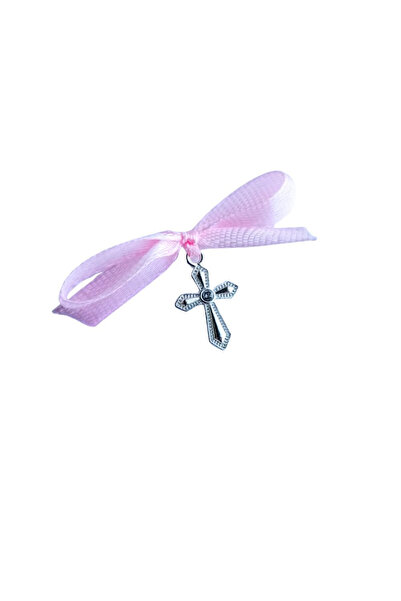 BUNILU Set 20 Cruciulite argintii si fundite din satin roz, marturie botez, c...
