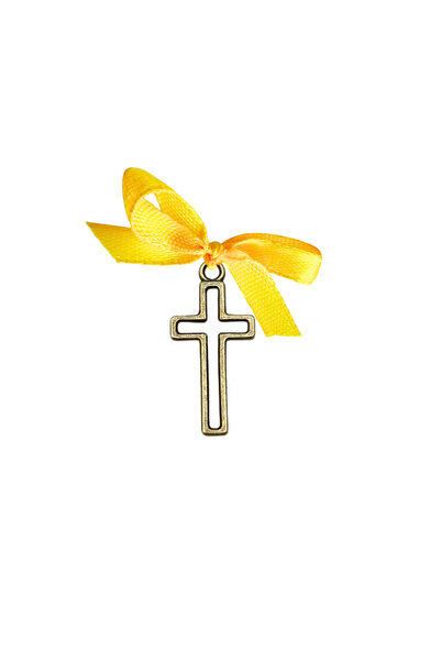 BUNILU Set 20 Cruciulite aurii si fundite din satin galben, marturie botez, c...
