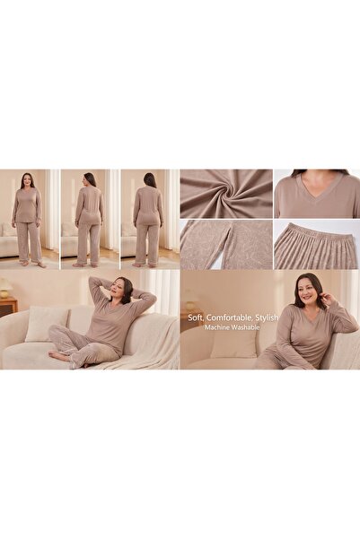 MOPİ Large Size Patterned V-Neck Viscose Comfortable Flexible Women's Pajama Set