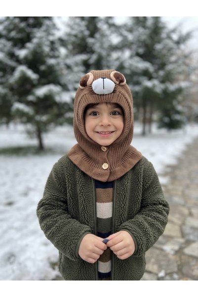 Goffy 4-8 Yaş Çocuk Unisex Polarlı Balaklava Bere-Kahverengi