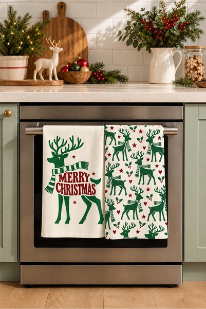milbaygrup Deer Noel Geyik Desenli 2'li Mutfak Havlusu Seti 40x60