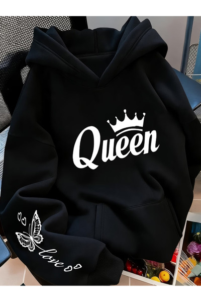 one button Unisex majica sa kapuljačom sa printom kraljice i detaljima ljubav...