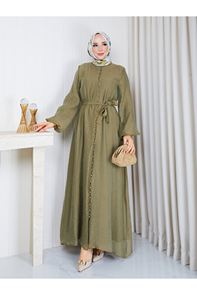 RACE FASHİON Buttoned Belted Lined Hijab Dress Rc6061