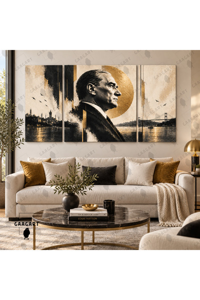 GAAGART 3’lü Kanvas Tablo Seti Orta Kare Yanlar Dikey Atatürk Profil Portresi...