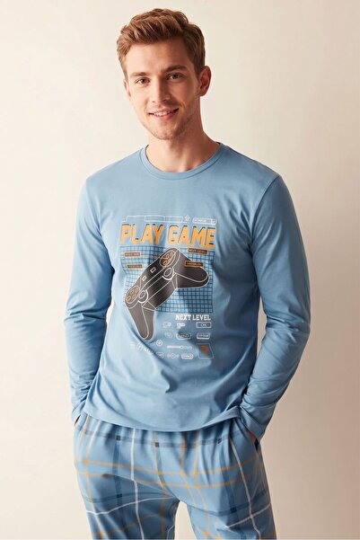OBJE Men's Blue Play Game Written Pajama Top