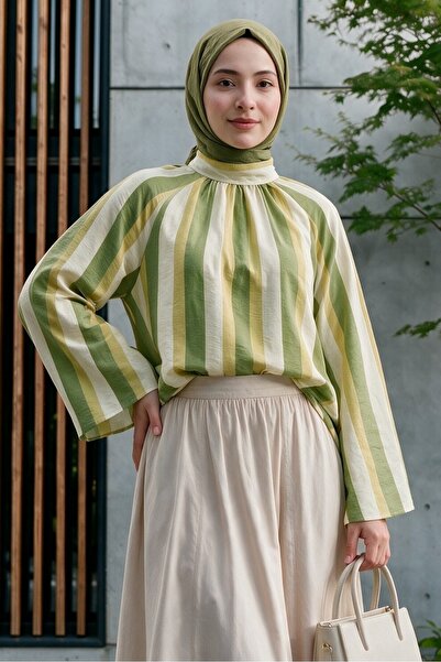 Modamorfo Spanish Style Blouse with Tie at the Back and Thick Stripes - Oil G...