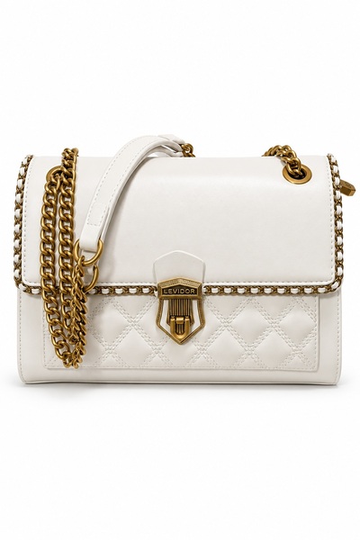 Levidor White Quilted Embroidered Chain Strap Detailed Stylish Design Women's...