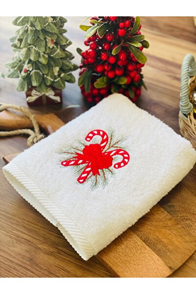 HOME OF BLOSSOM White Cotton Christmas Candy Embroidered Towel 50X90Cm