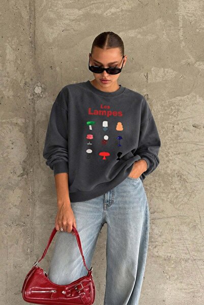 Monila Kadın Premium Kumaş 3 İplik Şardonlu Lamba Baskılı Sweatshirt