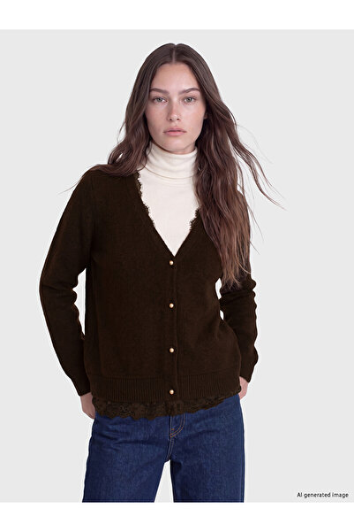 LC Waikiki Ozmarka New Season Brown V-Neck Lace Detailed Women's Knitwear Car...