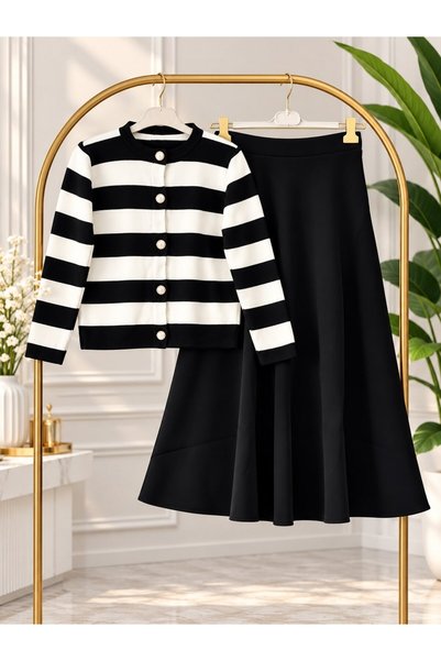 modasindoma Women's Hijab Thick Striped Knitwear Skirt Set Black