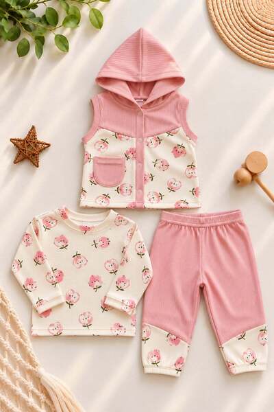 dinamik çocuk Baby Girl Floral Patterned Hooded Vest Long Sleeve T-Shirt and ...