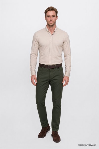 AC&Co / Altınyıldız Classics Erkek Haki Pamuklu Tapered Fit 5 Cepli Diagonal Desenli Esnek Chino Pantolon