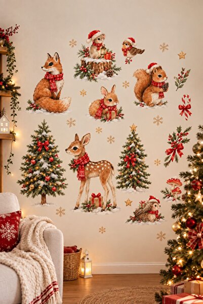 Piksel Grafik Watercolor Christmas Forest Animals Baby and Kids Room Wall and...