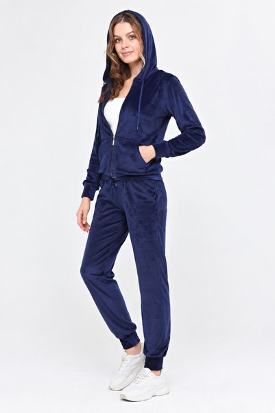 OEM Trening Dama 2 Piese din Catifea Bleumarin – Hanorac cu Gluga si Pantaloni Jogger