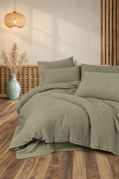 Cotton Box طقم غطاء لحاف قطني مزدوج من ليني - سونغاي جرين