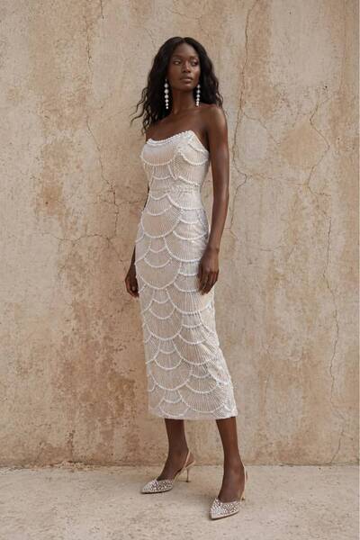 Olalaa Store İnci İşlemeli Straplez Midi Elbise Pearl