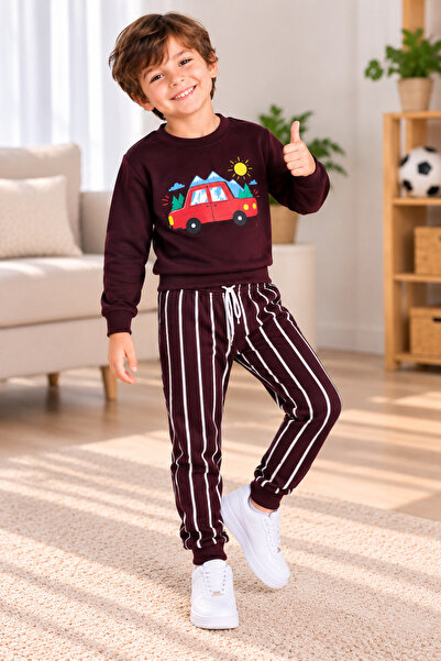 SERPİL Boys' 2-Piece Tracksuit Set Car Printed Sweatshirt Striped Jogger Trac...