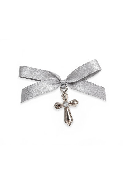 BUNILU Set 20 Cruciulite argintii si fundite din satin gri, marturie botez, c...