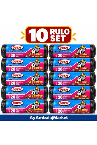 Küçük Boy Siyah Çöp Torbası 40x50 cm 10 Lt Rulo İçi 20 Adet 10'lu Rulo Set 200 Adet
