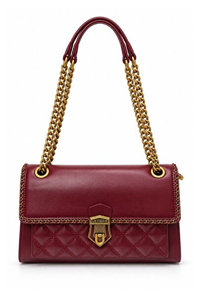 Levidor Burgundy Quilted Embroidered Chain Strap Detailed Stylish Design Wome...