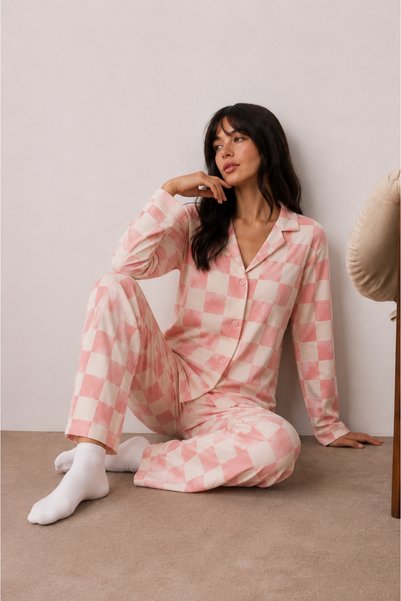 Norcia Sports Women's Buttoned Winter Home Pink Pajama Set