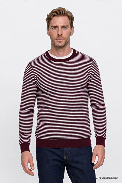 AC&Co / Altınyıldız Classics Men's Burgundy-White Warm Standard Fit Regular Cut Crew Neck Striped Knitwear Sweater