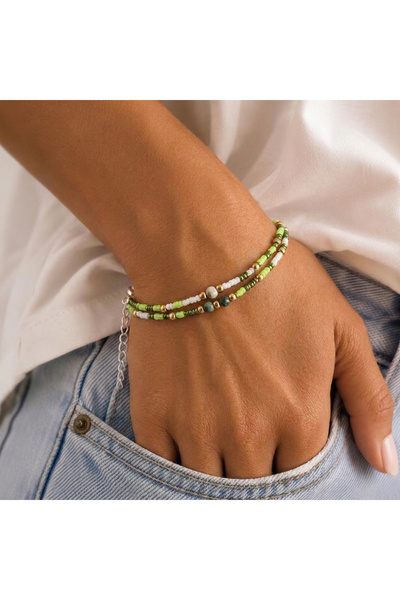 BUNILU Bratara Handmade Verde-Alb cu Margele Naturale Green Spot Jasper, Inchidere Argintie si Cartonas Decorativ