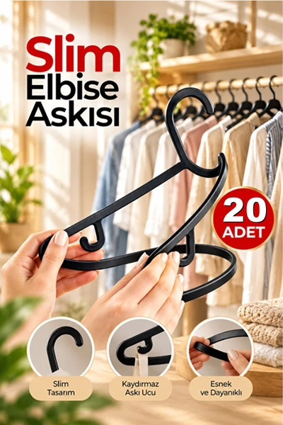 Kitchen Beauty 20 Adet Slim Elbise Askısı - Esnek ve Dayanıklı Kıyafet Askısı Gömlek Ceket Pantolon Askısı