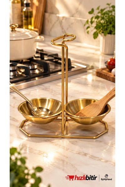 ByMyHand Paslanmaz Çelik Gold 3 Parça Ocak Yanı Kaşıklık Kepçelik