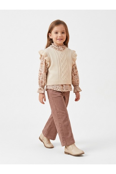 miss topkids Girls' Floral Blouse, Knitted Cardigan, and Wide-Leg Pants Set