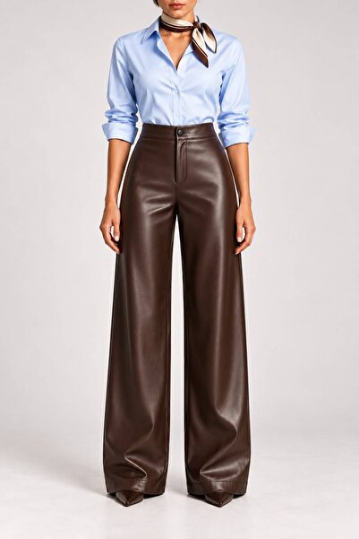 Grenj Fashion Acı Kahverengi Bol Paça/Wide Leg Suni Deri Pantolon