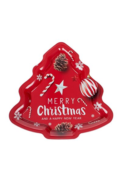OEM Platou Decorativ de Crăciun Metalic Brad Roșu cu Globuri Conuri 31x30cm –...
