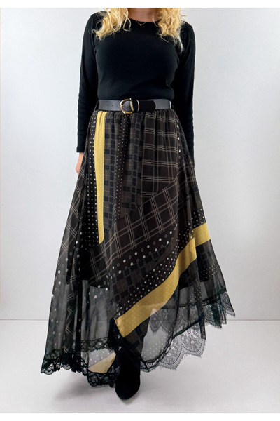 Modaonna Patchwork desenli kemerli şifon etek