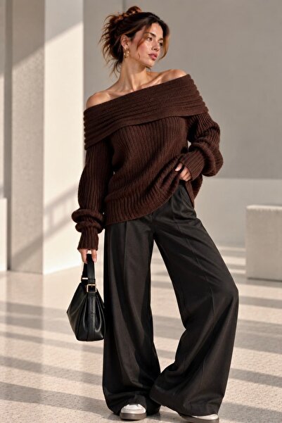 bb butik basic Women's Madonna Collar Knitwear Sweater Soft Textured Shoulder...