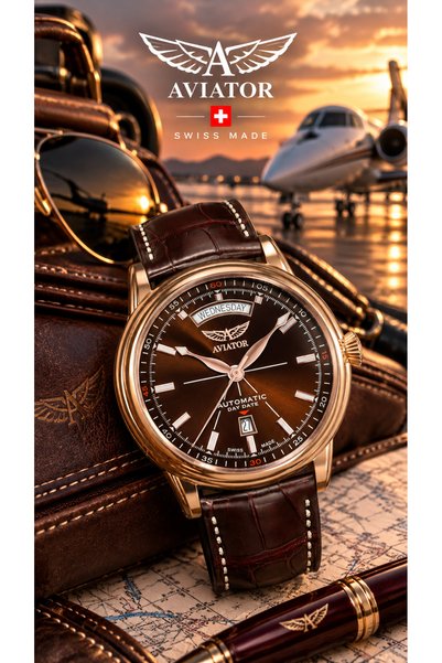AVIATOR ساعة يد رجالية أوتوماتيكية من دوغلاس داي-ديت V.3.20.2.226.4 بقرص بني ...